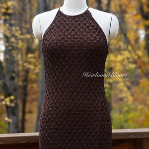 Vintage 90s Carmen Marc Valvo Brown Crochet Maxi Dress